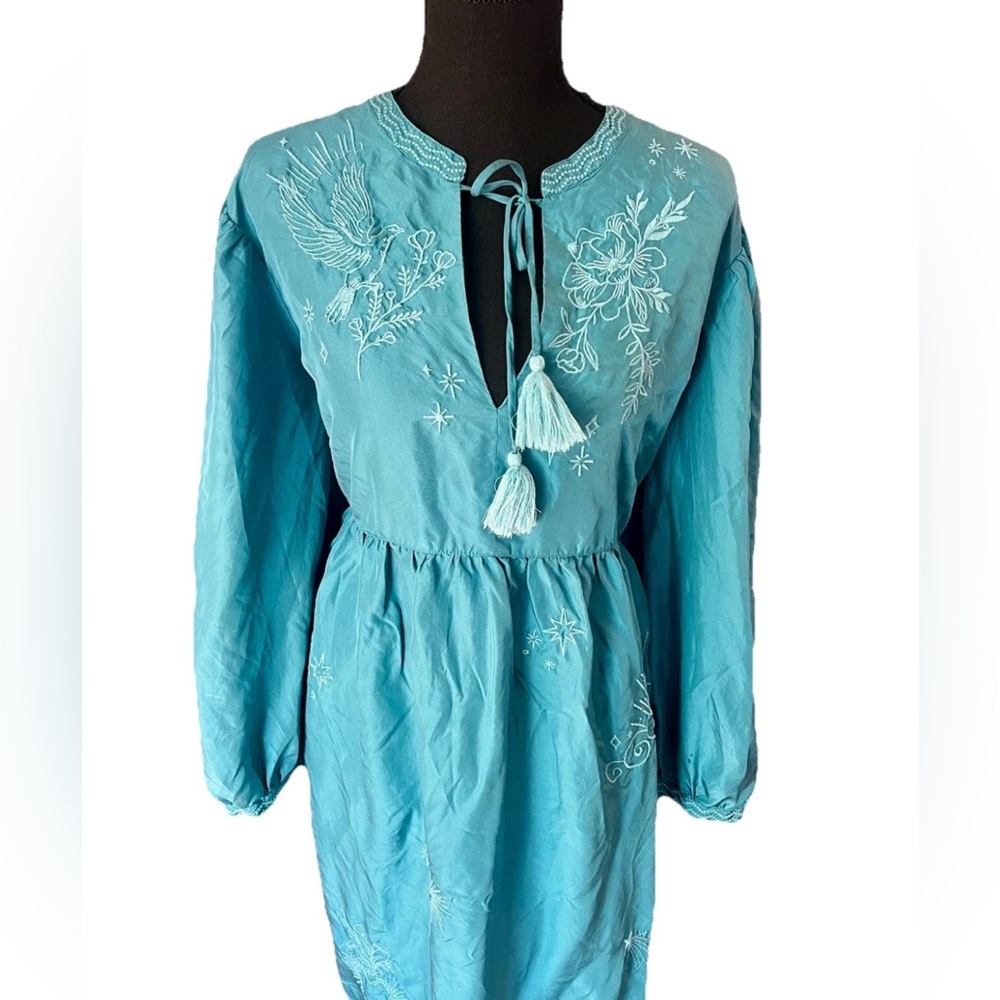Johnny Was Workshop Silk Celestial Embroidered Mini Dress Turquoise Blue XL